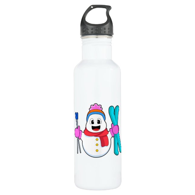 Snowman as Skier with Ski Stainless Steel Water Bottle (Front)