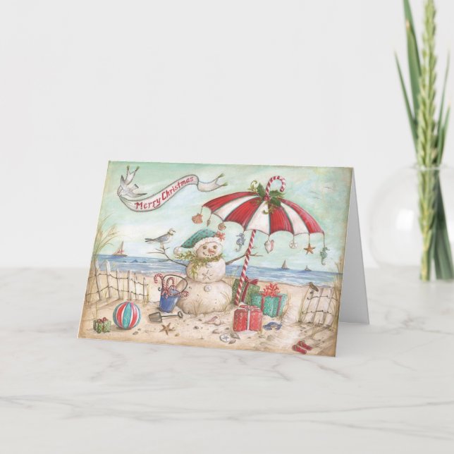 Snowman at the beach holiday card (Front)