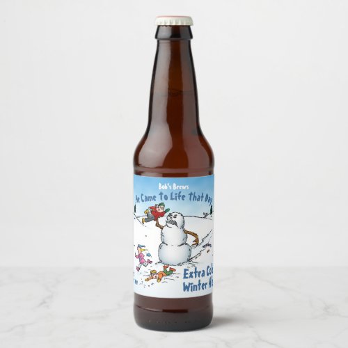Snowman Attacks Funny Cartoon Beer Bottle Label