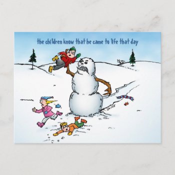 Snowman Attacks The Kids Funny Holiday Postcard by BastardCard at Zazzle
