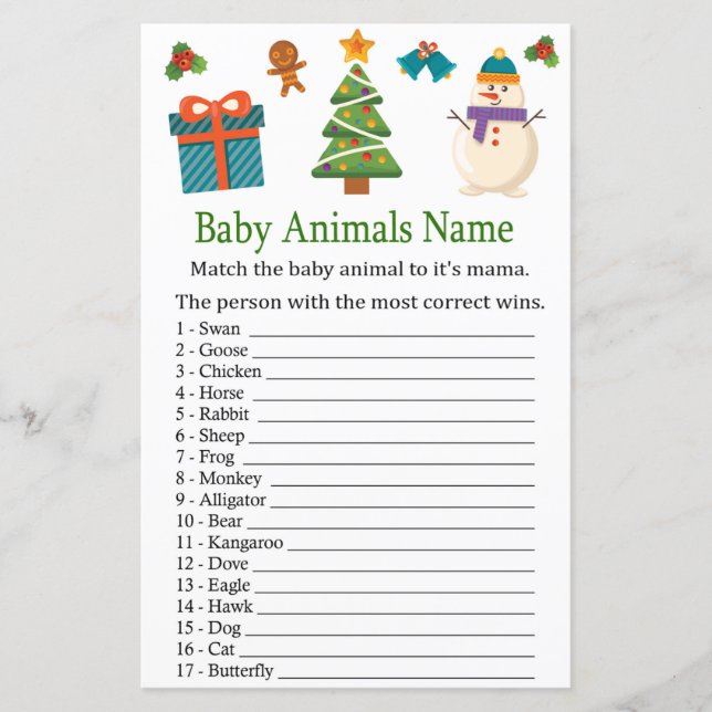 Snowman Baby Animals Name Game baby shower (Front)