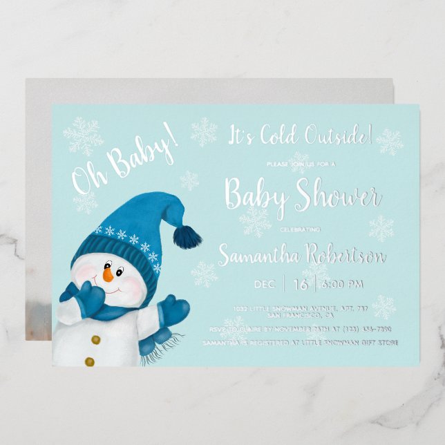 Snowman Baby It's Cold Outside Photo Baby Shower Foil Invitation (Front/Back)