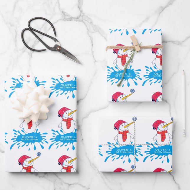 Snowman Baby`s First Christmas Snowflake  Wrapping Paper Sheets (Front)