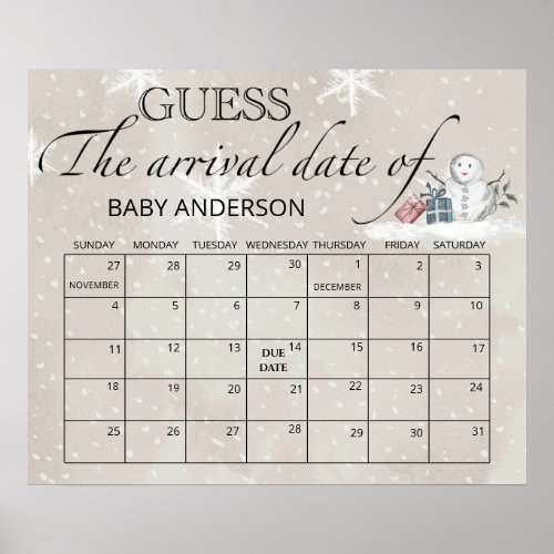 Snowman Baby Shower Guess Due Date Calendar Poster
