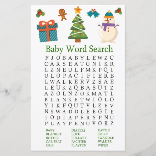 Snowman Baby Shower Word Search Game