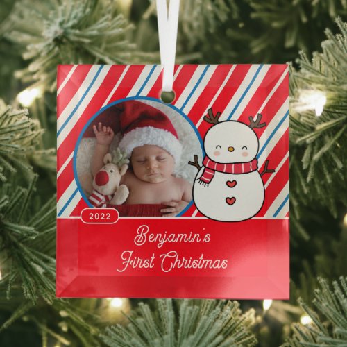 Snowman Babys First Christmas Photo Glass Ornament