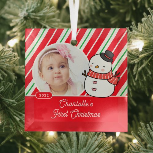 Snowman Babys First Christmas Photo Glass Ornament