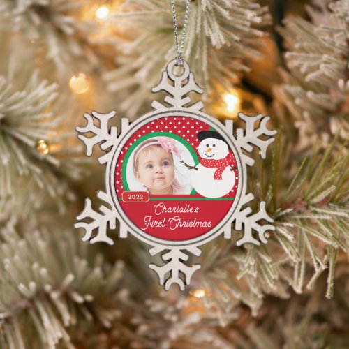 Snowman Babys First Christmas Photo  Snowflake Pewter Christmas Ornament