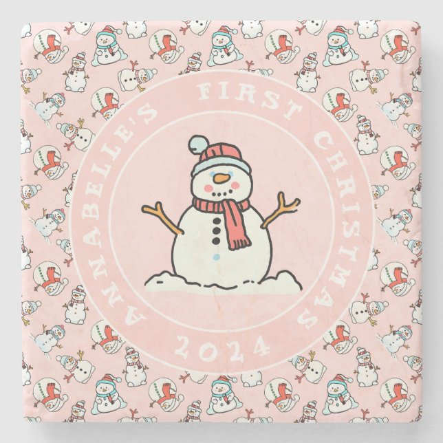Snowman Baby's First Christmas Pink Name Stone Coaster (Front)