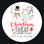 Snowman Baking A Little Christmas Treat Sweet Classic Round Sticker<br><div class="desc">A Snowman round sticker with "A Little Christmas Treat for someone so sweet " name,  year and vegetables design. Can be used for your homemade baking goods gifts,  your small business,  events,  non profit etc. for promotional marketing,  customer thank you gifts,  etc. Have fun with it!</div>