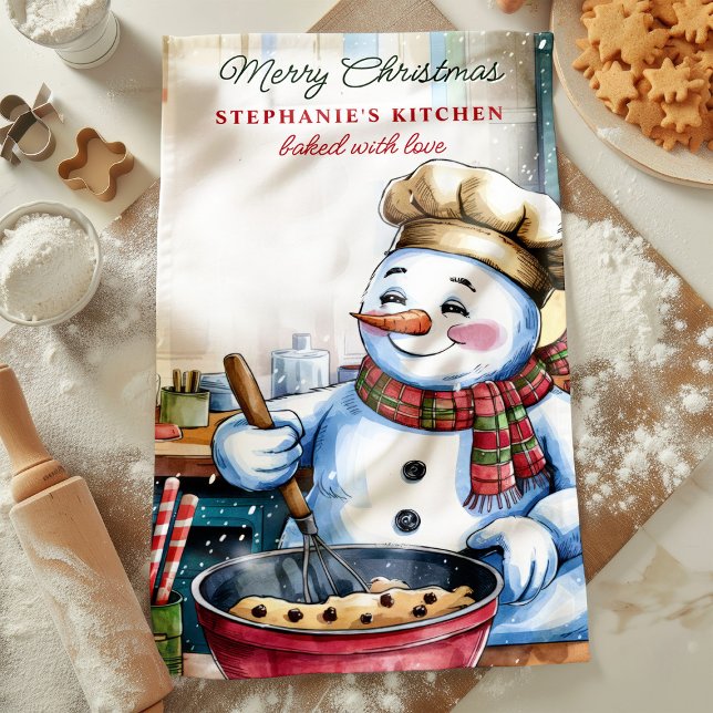 Snowman Baking Christmas Cookies Personalized Kitchen Towel (Creator Uploaded)