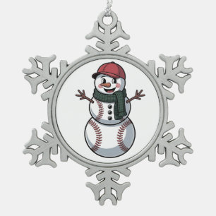 Snowman Baseball Christmas Santa Baseball Sport Snowflake Pewter Christmas Ornament