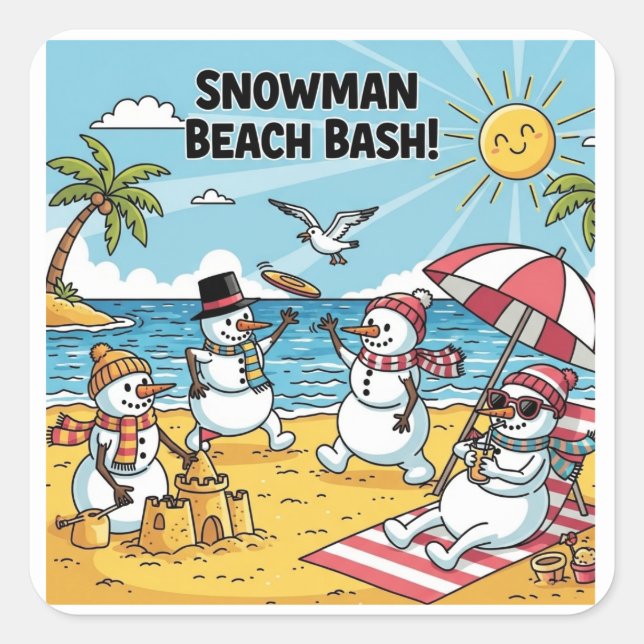 Snowman Beach Bash Square Sticker (Front)