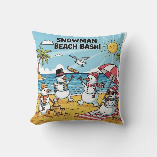 Snowman Beach Bash Throw Pillow (Front)