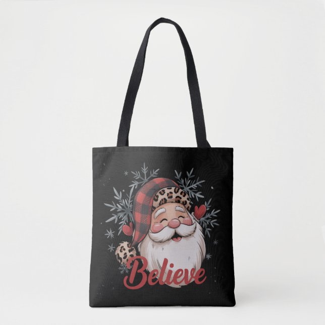 Snowman Believe Santa Red Plaid Hat Christmas  Tote Bag (Front)