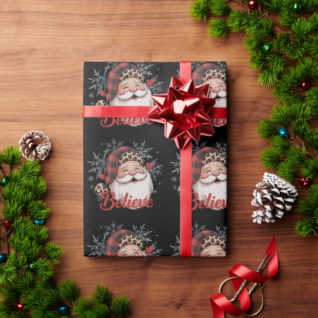 Snowman Believe Santa Red Plaid Hat Christmas  Wrapping Paper (Holiday Gift)