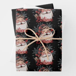Snowman Believe Santa Red Plaid Hat Christmas  Wrapping Paper Sheets