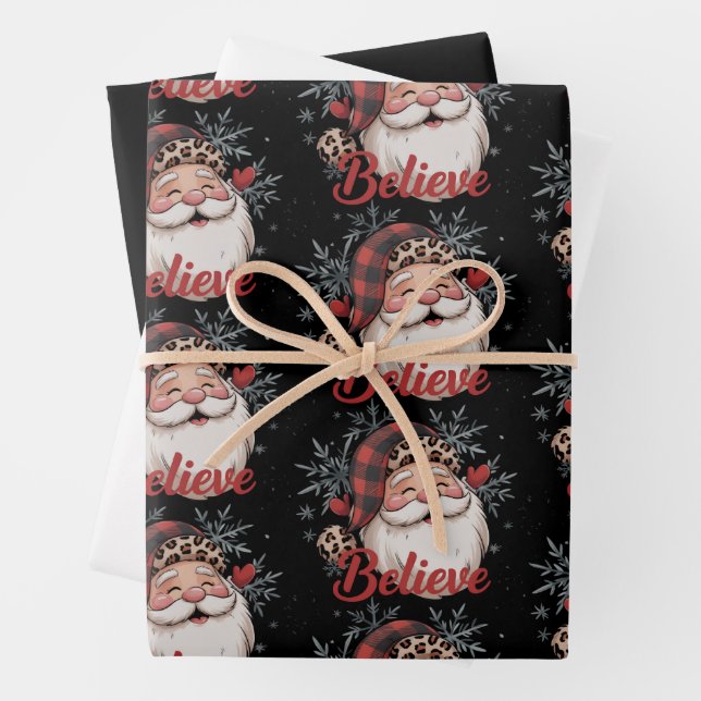 Snowman Believe Santa Red Plaid Hat Christmas  Wrapping Paper Sheets (In situ)
