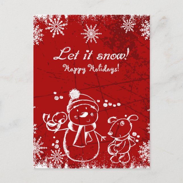 Snowman, Bird And Dog Over Red Background Postcard (Front)