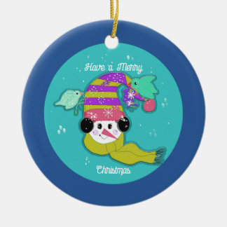 Snowman Birds Merry Christmas Ceramic Ornament