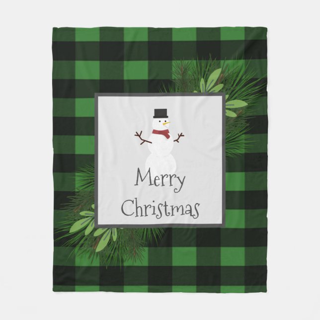 Snowman Black and Green Buffalo Plaid Blanket (Front)