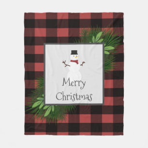 Snowman Black and Red Buffalo Plaid Fleece Blanket