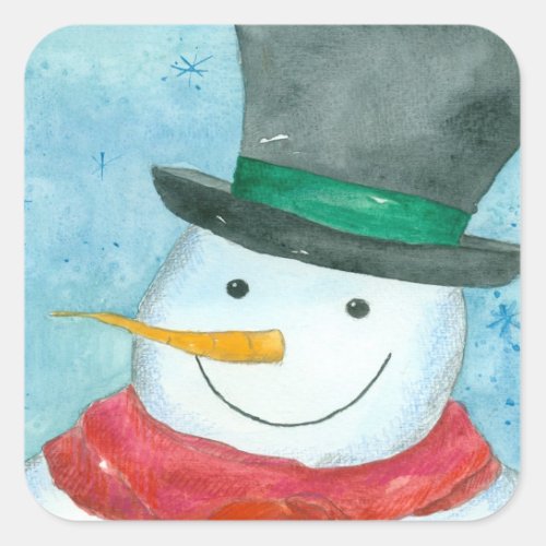 Snowman Black Top Hat Christmas Holiday Watercolor Square Sticker