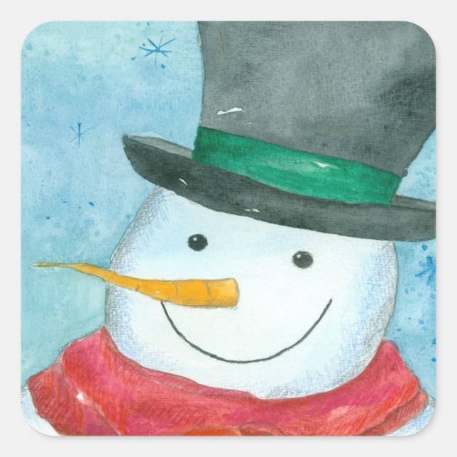 Snowman Black Top Hat Christmas Holiday Watercolor Square Sticker (Front)