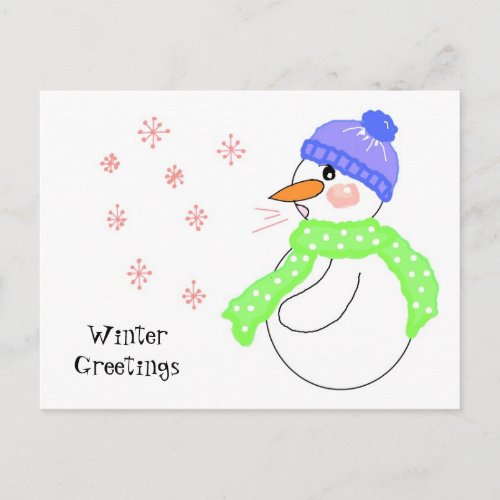 Snowman Blowing Snowflake Greetings Postcard