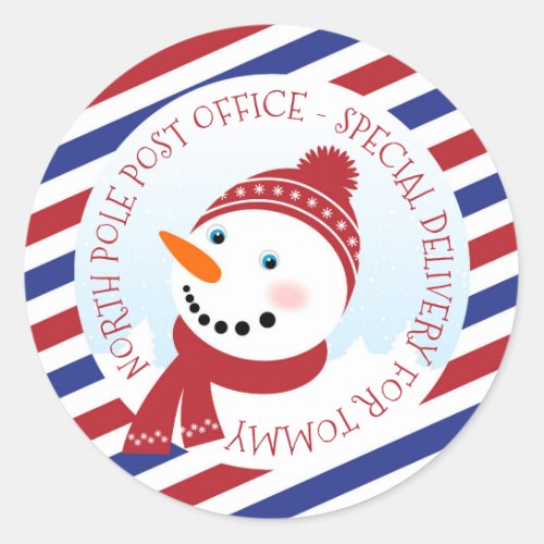 Snowman blue and red  Classic Round Sticker
