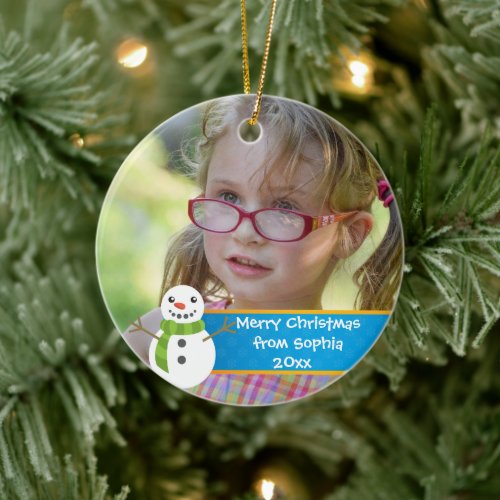 Snowman Blue and Red Merry Christmas Child Photo Ceramic Ornament