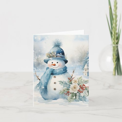 Snowman Blue Hat Scarf Snow Covered Trees Blank Card