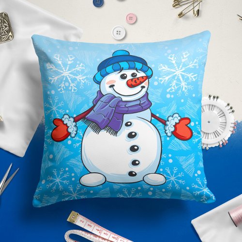 Snowman Blue Holiday  Christmas Throw Pillow