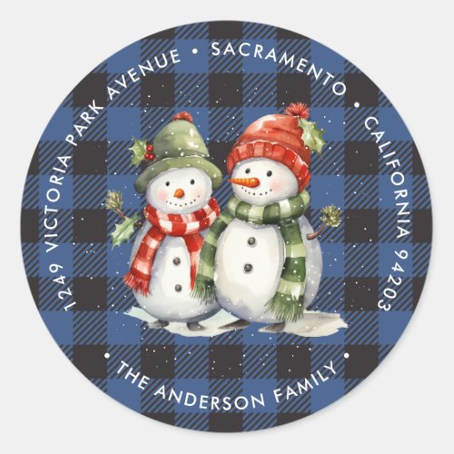 Snowman Blue Plaid Christmas Return Address Labels
