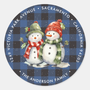 Snowman Blue Plaid Christmas Return Address Labels