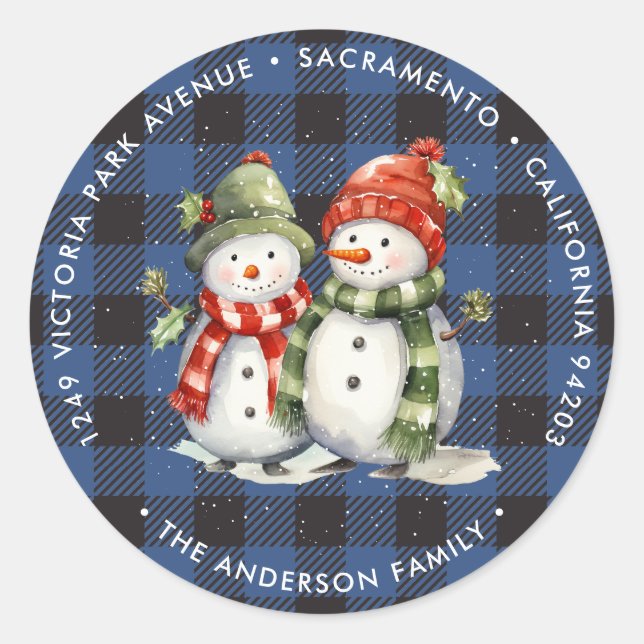 Snowman Blue Plaid Christmas Return Address Labels (Front)