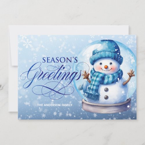 Snowman Blue Seasons Greetings Christmas Holiday Card