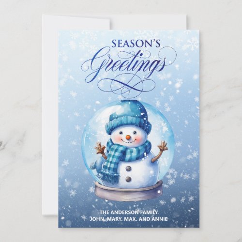 Snowman Blue White Seasons Greetings Christmas Holiday Card