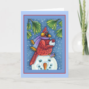 SNOWMAN BODYGUARD, CHRISTMAS CARDINAL REDBIRD HOLIDAY CARD