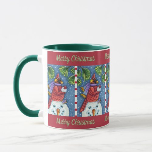 SNOWMAN BODYGUARD CHRISTMAS CARDINAL REDBIRD MUG