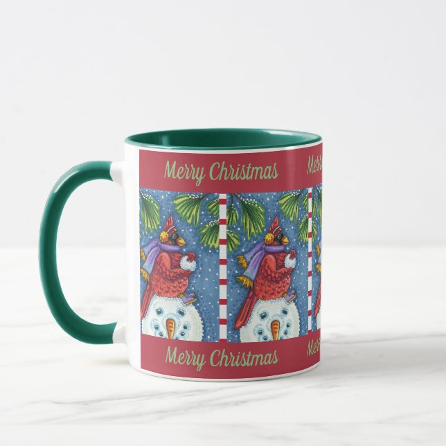 SNOWMAN BODYGUARD, CHRISTMAS CARDINAL REDBIRD MUG (Left)