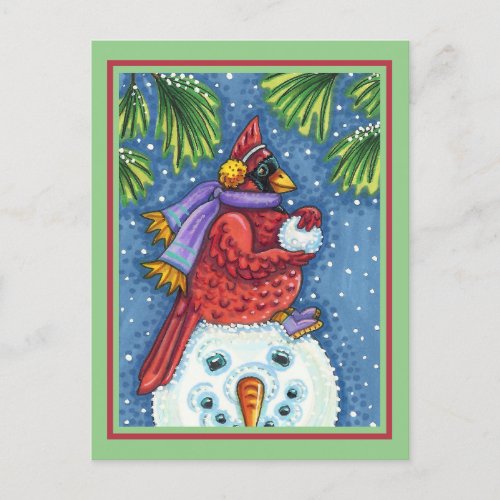 SNOWMAN BODYGUARD CHRISTMAS CARDINAL REDBIRD POSTCARD