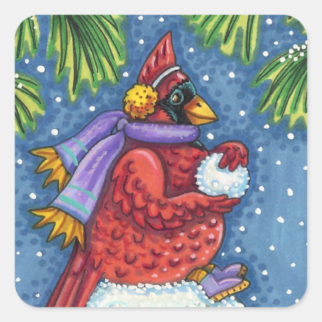 SNOWMAN BODYGUARD, CHRISTMAS CARDINAL REDBIRD SQUARE STICKER (Front)