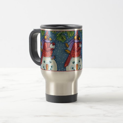 SNOWMAN BODYGUARD CHRISTMAS CARDINAL REDBIRD TRAVEL MUG