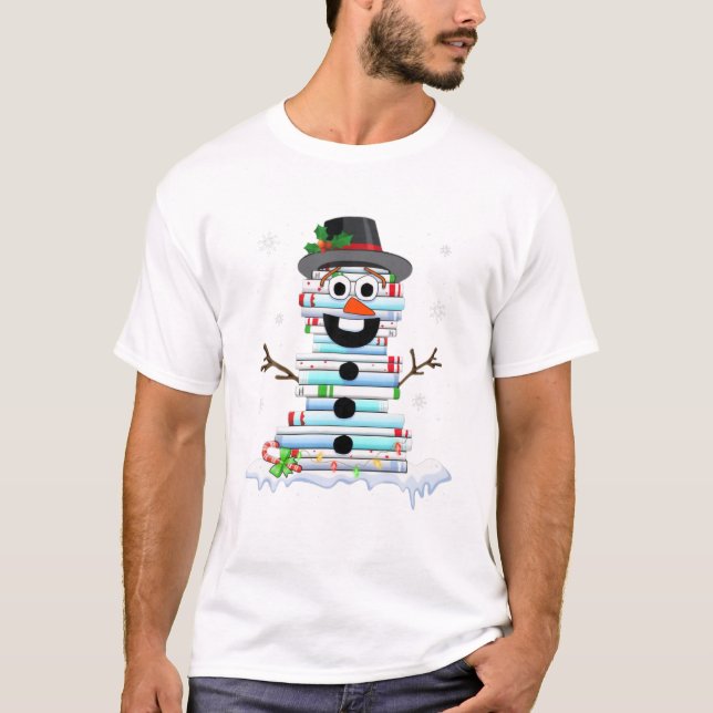Snowman Book Stack Librarian Book Lover Christmas T-Shirt (Front)