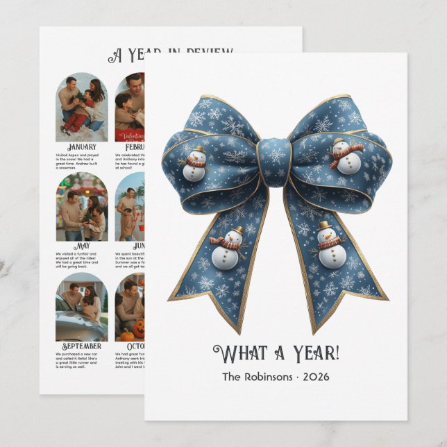 Snowman Bow Year in Review Flat Holiday Photo Card (Front/Back)