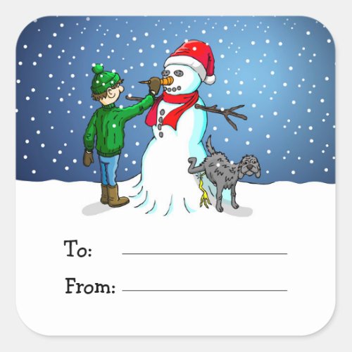 Snowman boy and dog Gift Tag Sticker