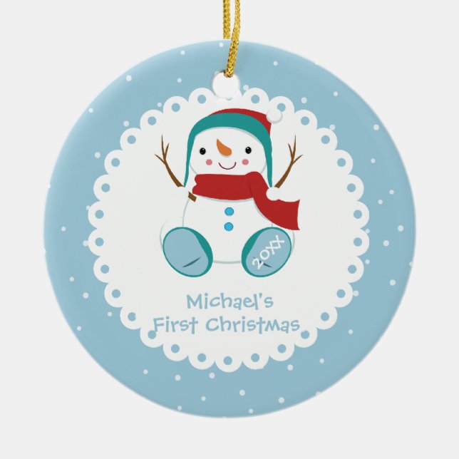 Snowman Boy Personalized Baby's First Christmas Ceramic Ornament (Front)