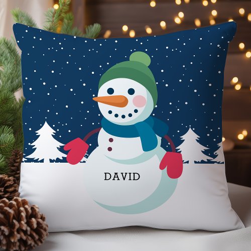 Snowman Boy Personalized Name Christmas Holiday Throw Pillow