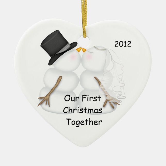 Snowman BRIDE & GROOM First Christmas Together Ceramic Ornament (Front)